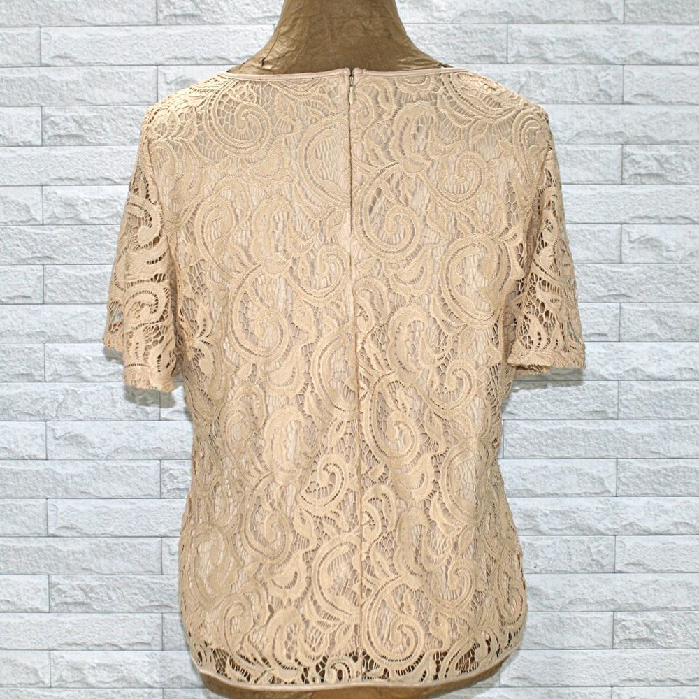 ADRIANNA PAPELL Top Floral Lace Layered Short Sleeve Sheer Neutral Cream Medium - Picture 4 of 15